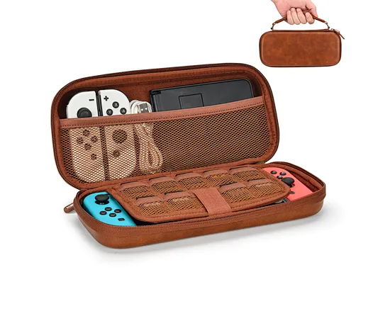 Embrace the PU leather brown look of our Switch case, elevate your style with this classic choice. This Switch case is highly compatible with Switch 2017 and Switch OLED console.